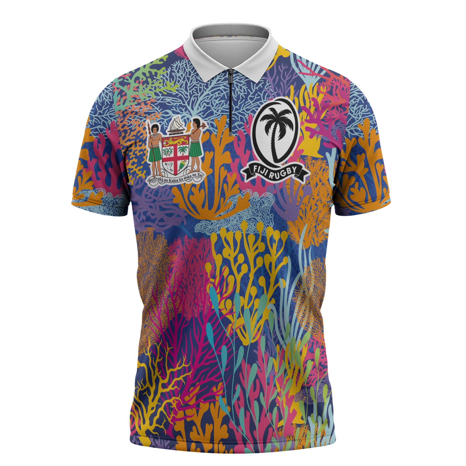 Custom Fijian Rugby Zipper Polo Shirt Colorful Coral Reef Pre Match Design LT03 Multicolor - Polynesian Pride