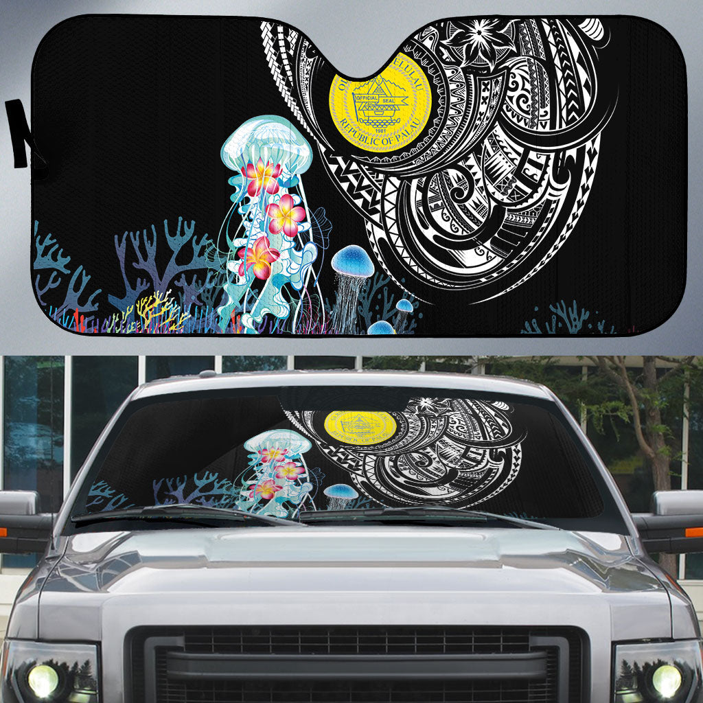Palau Jellyfish Auto Sun Shade Coral Reef with Polynesian Pattern LT03 Black - Polynesian Pride