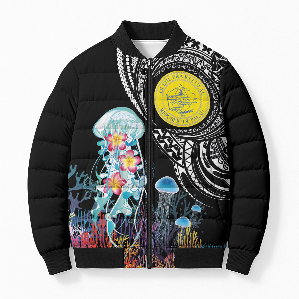Palau Jellyfish Bomber Puffer Jacket Coral Reef with Polynesian Pattern LT03 Unisex Black - Polynesian Pride