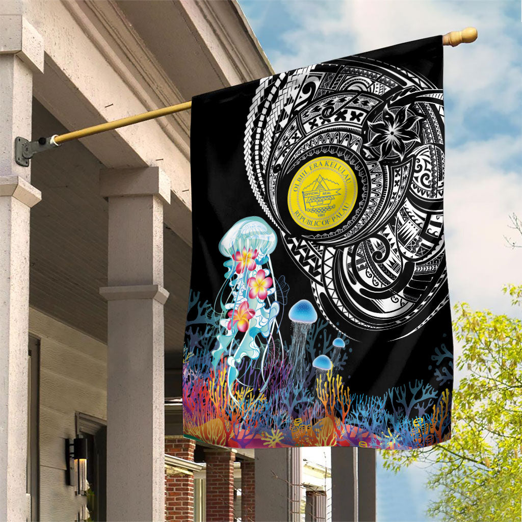 Palau Jellyfish Garden Flag Coral Reef with Polynesian Pattern LT03 House Flag Black - Polynesian Pride