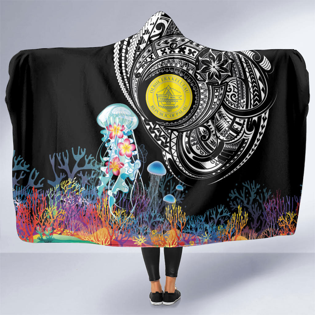 Palau Jellyfish Hooded Blanket Coral Reef with Polynesian Pattern LT03 One Size Black - Polynesian Pride