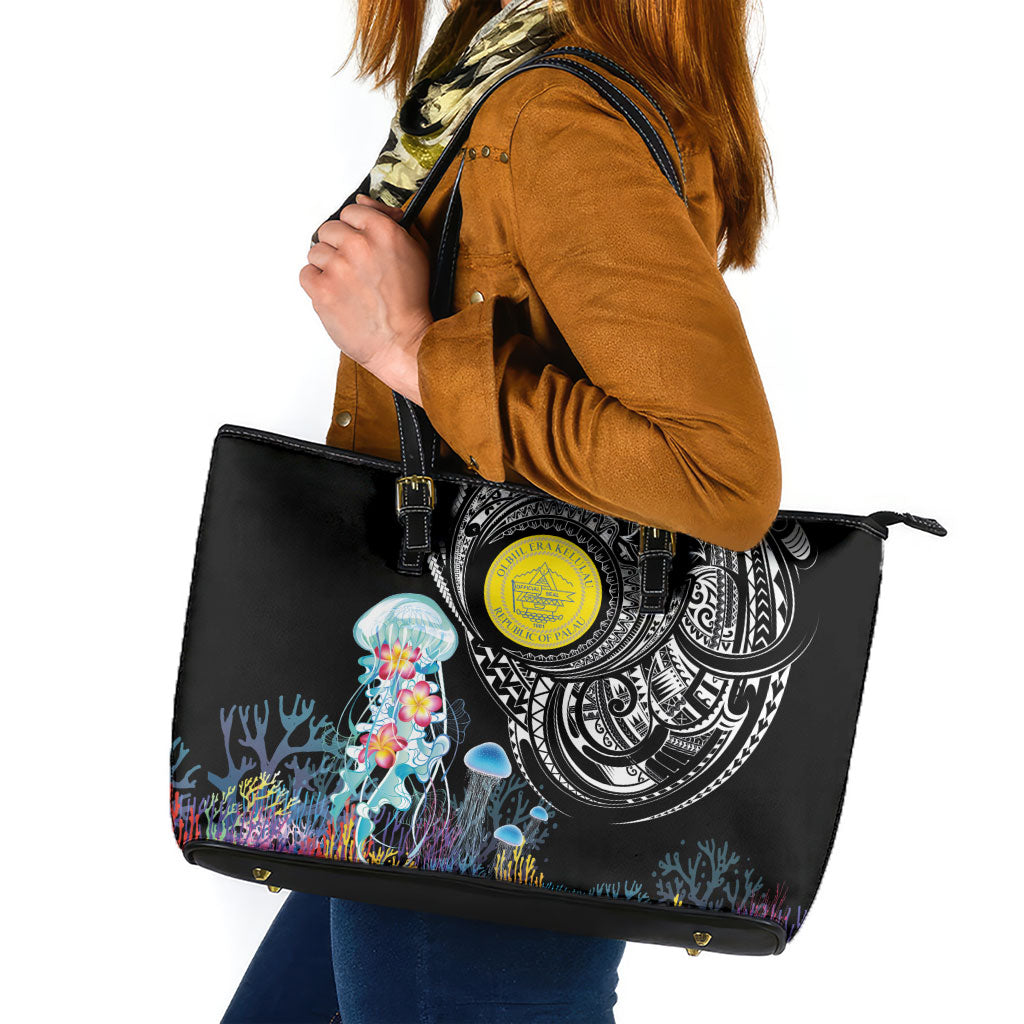 Palau Jellyfish Leather Tote Bag Coral Reef with Polynesian Pattern LT03 Black - Polynesian Pride