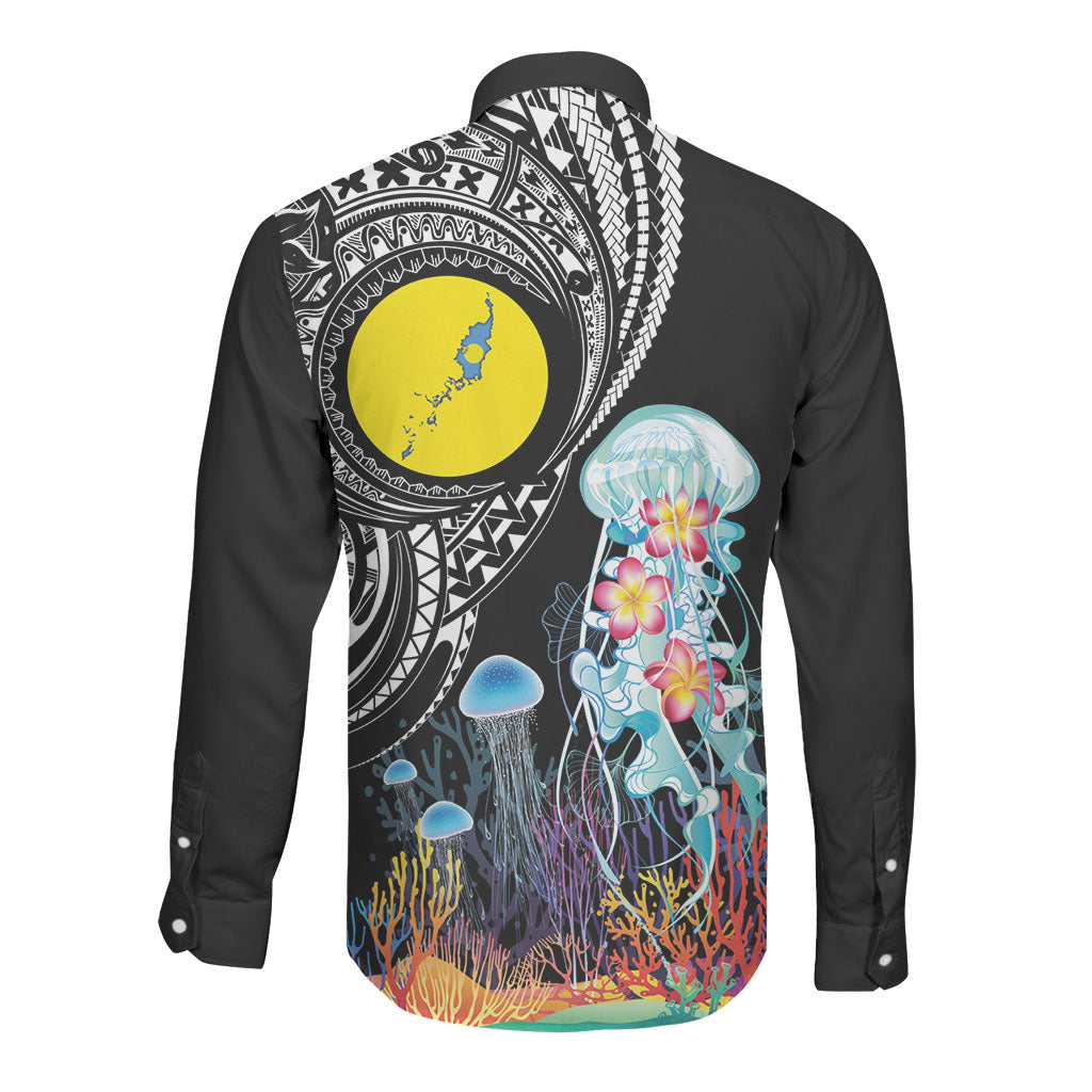 Palau Jellyfish Long Sleeve Button Shirt Coral Reef with Polynesian Pattern LT03 - Polynesian Pride