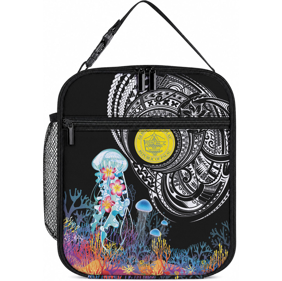 Palau Jellyfish Lunch Bag Coral Reef with Polynesian Pattern LT03 10.2 × 8.3 × 4.3 inch Black - Polynesian Pride