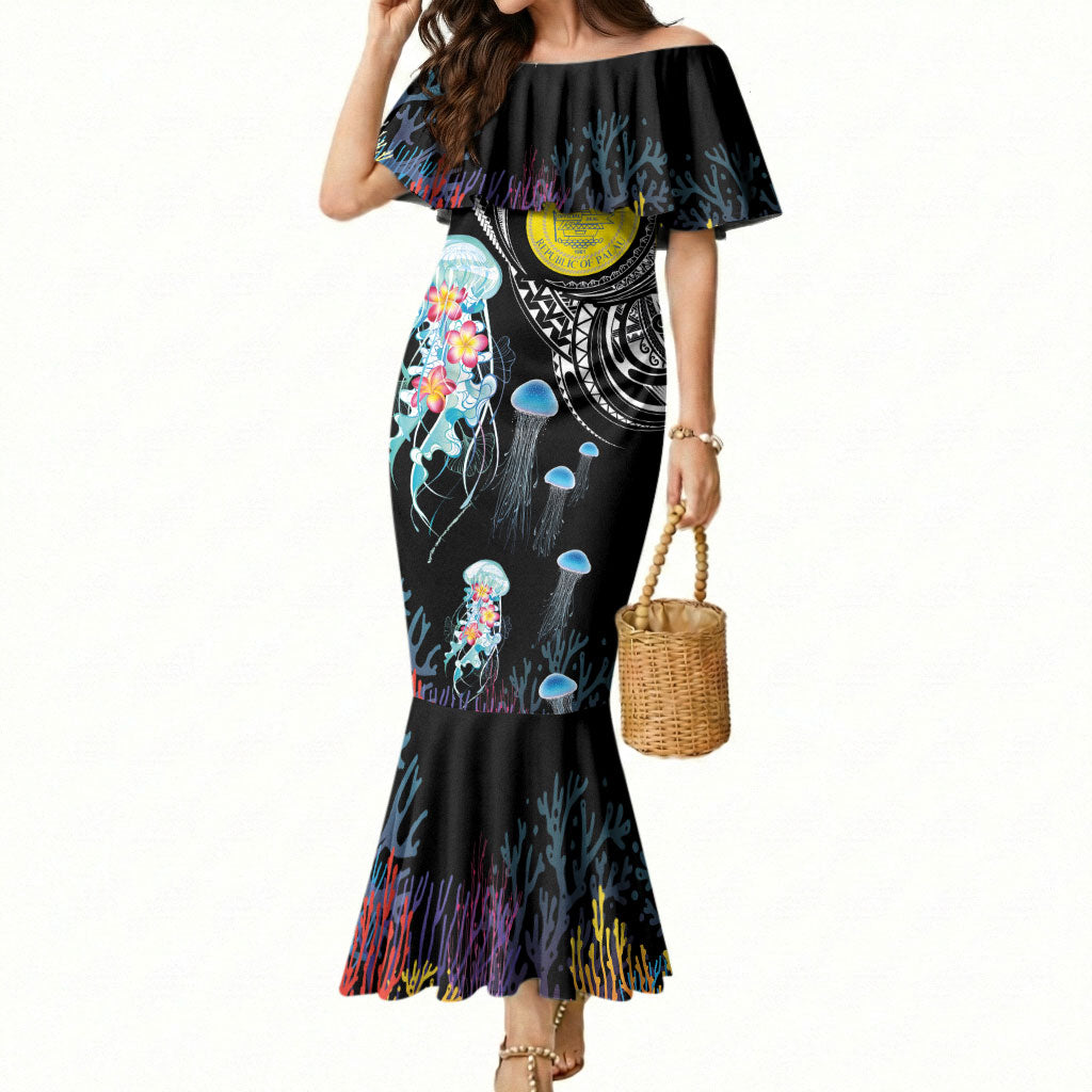 Palau Jellyfish Mermaid Dress Coral Reef with Polynesian Pattern LT03 Women Black - Polynesian Pride