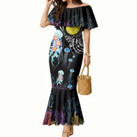 Palau Jellyfish Mermaid Dress Coral Reef with Polynesian Pattern LT03 Women Black - Polynesian Pride