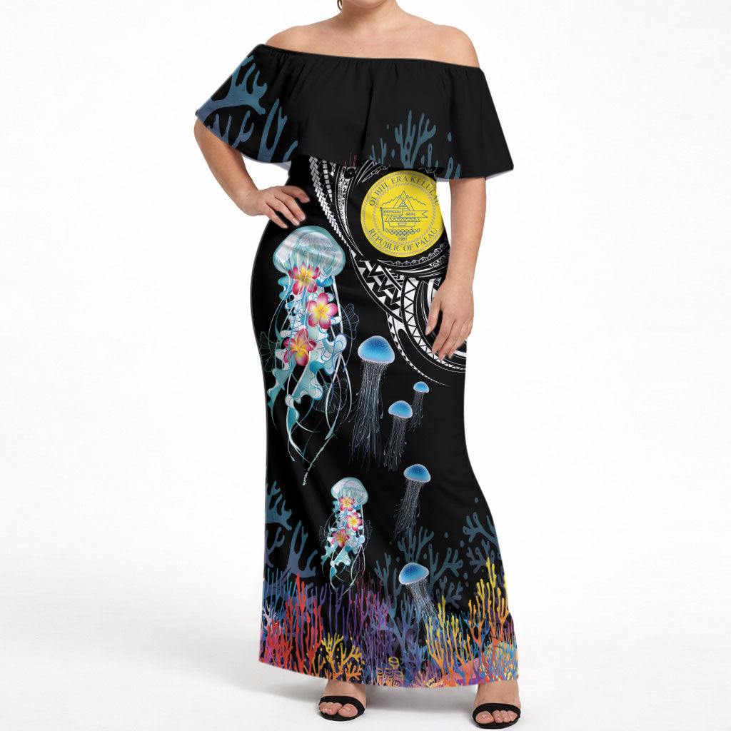 Palau Jellyfish Off Shoulder Maxi Dress Coral Reef with Polynesian Pattern LT03 Women Black - Polynesian Pride