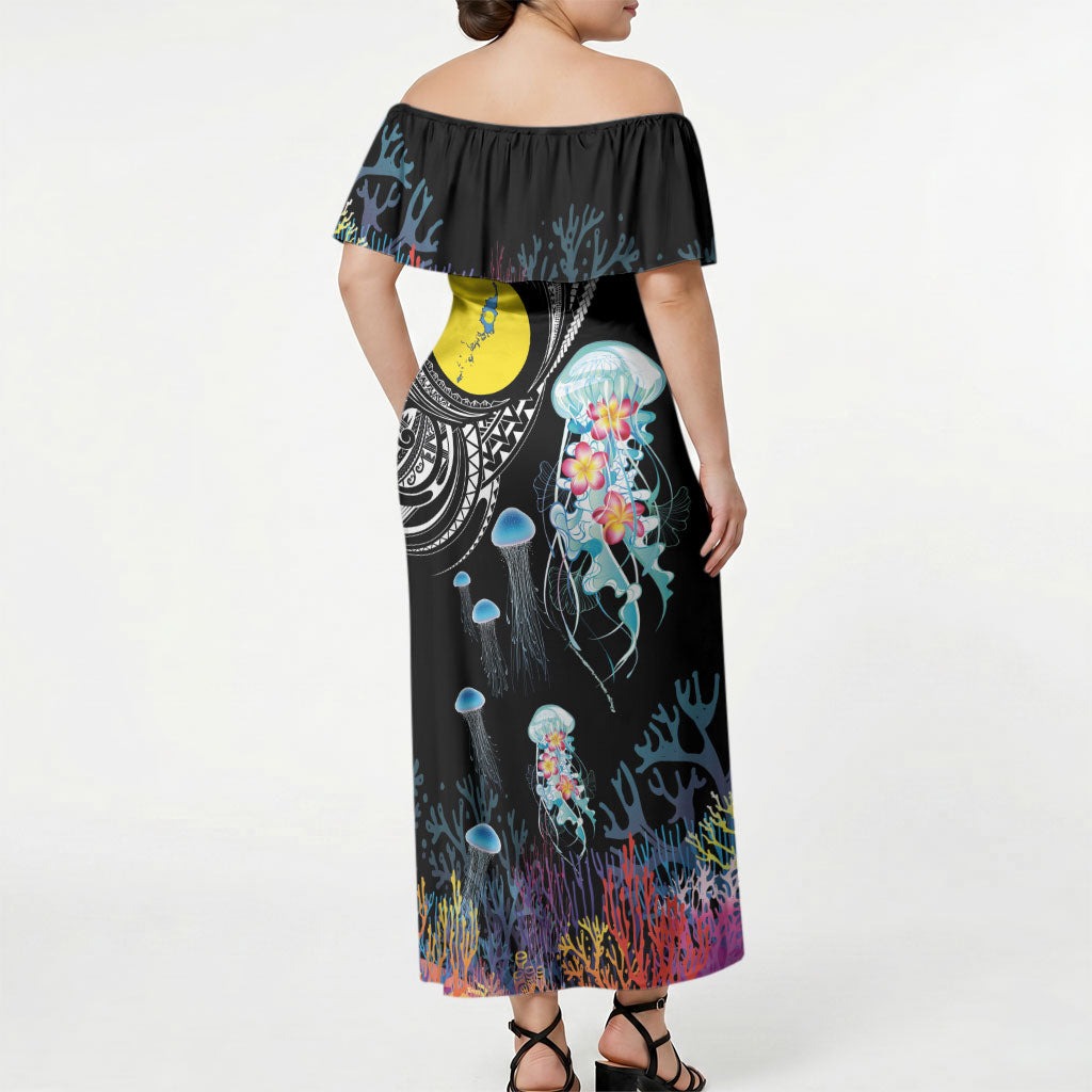 Palau Jellyfish Off Shoulder Maxi Dress Coral Reef with Polynesian Pattern LT03 - Polynesian Pride