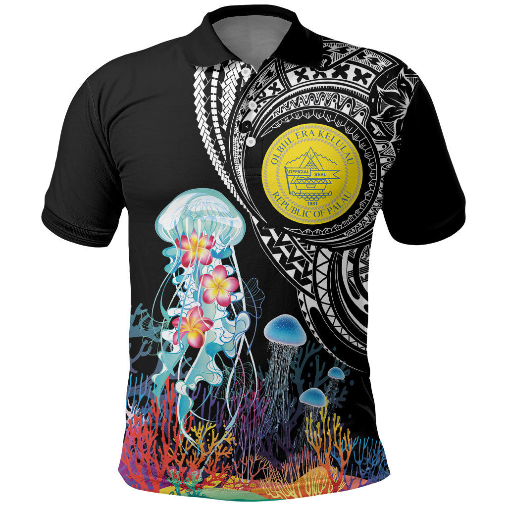 Palau Jellyfish Polo Shirt Coral Reef with Polynesian Pattern