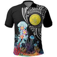 Palau Jellyfish Polo Shirt Coral Reef with Polynesian Pattern LT03 Black - Polynesian Pride