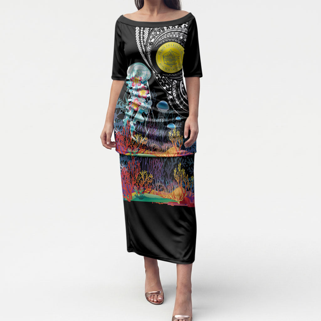 Palau Jellyfish Puletasi Coral Reef with Polynesian Pattern LT03 Long Dress Black - Polynesian Pride