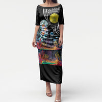Palau Jellyfish Puletasi Coral Reef with Polynesian Pattern LT03 Long Dress Black - Polynesian Pride