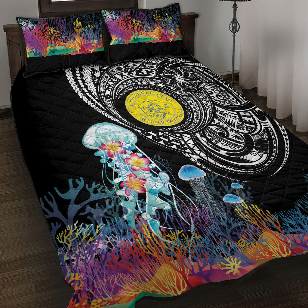 Palau Jellyfish Quilt Bed Set Coral Reef with Polynesian Pattern LT03 Black - Polynesian Pride