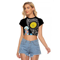 Palau Jellyfish Raglan Cropped T Shirt Coral Reef with Polynesian Pattern LT03 Female Black - Polynesian Pride