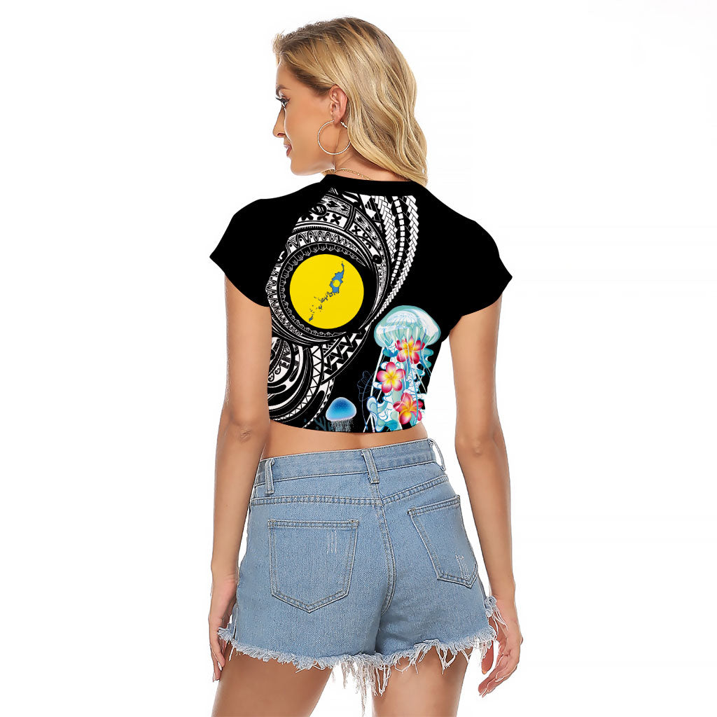 Palau Jellyfish Raglan Cropped T Shirt Coral Reef with Polynesian Pattern LT03 - Polynesian Pride