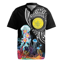 Palau Jellyfish Rugby Jersey Coral Reef with Polynesian Pattern LT03 Black - Polynesian Pride