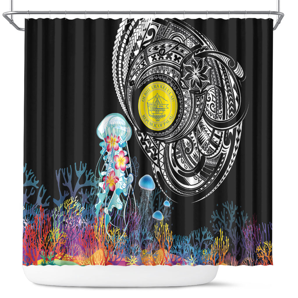 Palau Jellyfish Shower Curtain Coral Reef with Polynesian Pattern LT03 Black - Polynesian Pride