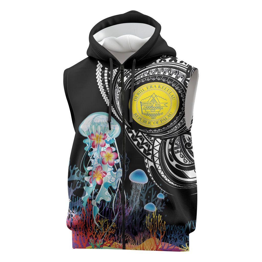 Palau Jellyfish Sleeveless Zip Hoodie Coral Reef with Polynesian Pattern LT03 Black - Polynesian Pride