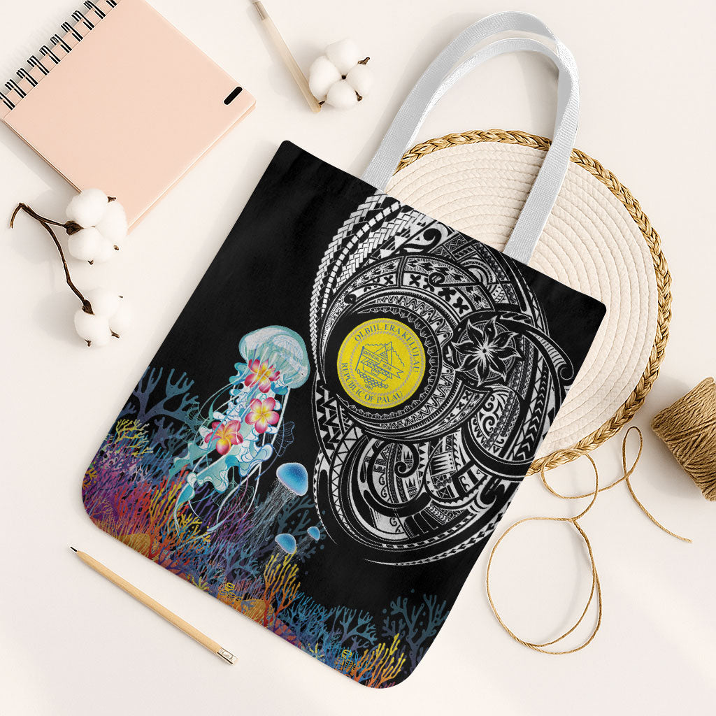 Palau Jellyfish Tote Bag Coral Reef with Polynesian Pattern LT03 White Strap One Size Black - Polynesian Pride