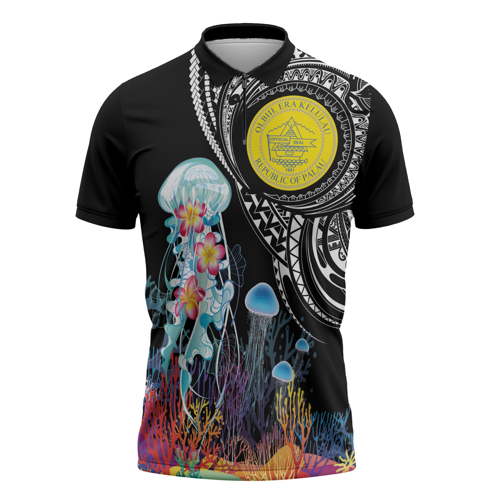 Palau Jellyfish Zipper Polo Shirt Coral Reef with Polynesian Pattern LT03 Black - Polynesian Pride