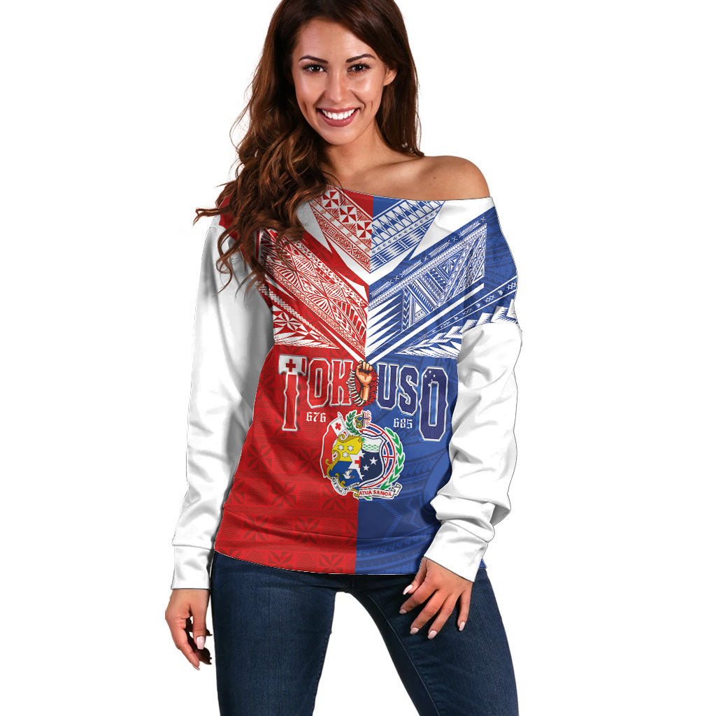 Personalised Tokouso Tonga Samoa Off Shoulder Sweater Proud of Brotherhood LT03 Women Multicolor - Polynesian Pride