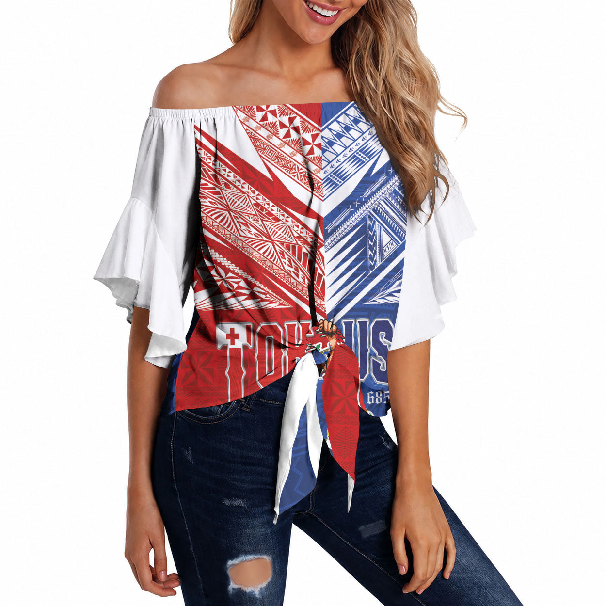 Personalised Tokouso Tonga Samoa Off Shoulder Wrap Waist Top Proud of Brotherhood LT03 Multicolor - Polynesian Pride