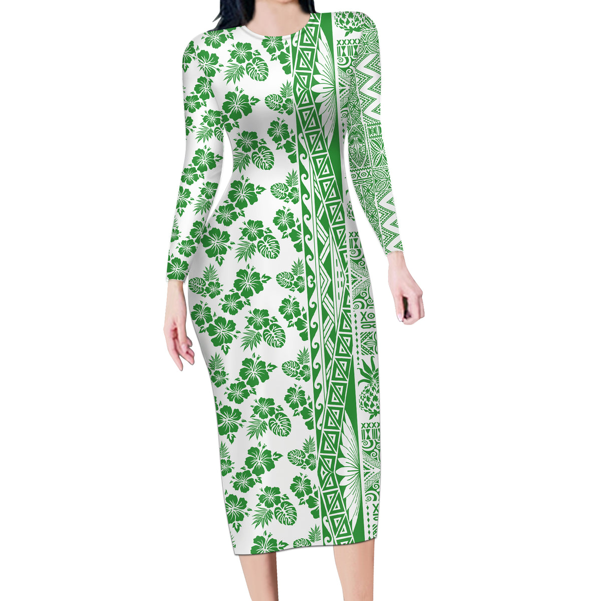 Hawaii Long Sleeve Bodycon Dress Aloha Tropical Plants Tribal Pattern Green Version LT03 Long Dress Green - Polynesian Pride