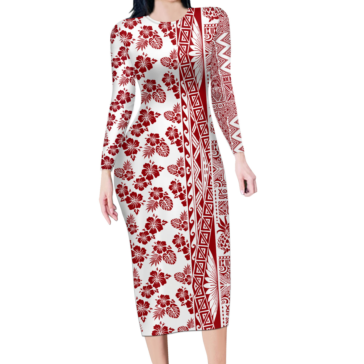 Hawaii Long Sleeve Bodycon Dress Aloha Tropical Plants Tribal Pattern Red Version LT03 Long Dress Red - Polynesian Pride