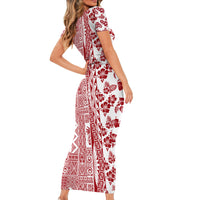 Hawaii Short Sleeve Bodycon Dress Aloha Tropical Plants Tribal Pattern Red Version LT03 - Polynesian Pride