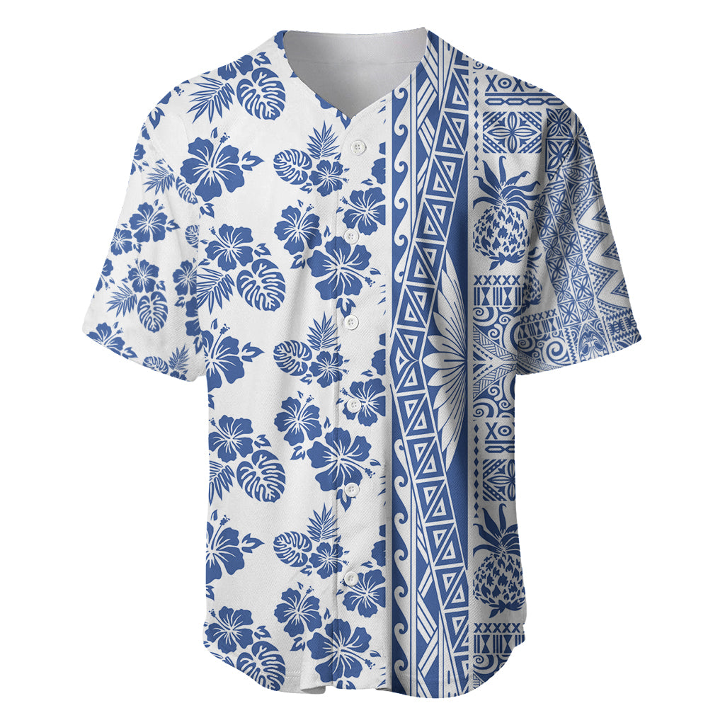 Hawaii Baseball Jersey Aloha Tropical Plants Tribal Pattern Blue Version LT03 Blue - Polynesian Pride