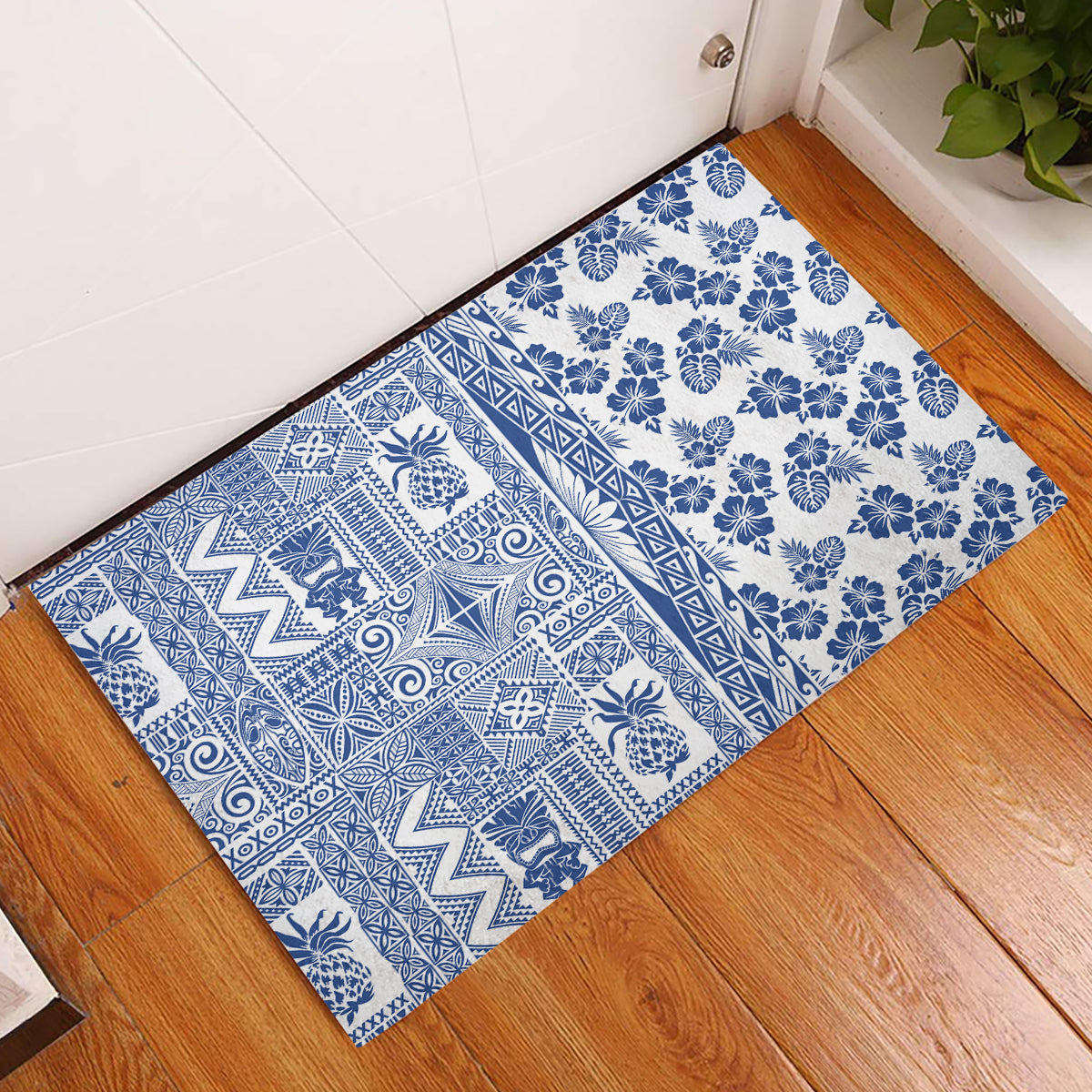 Hawaii Rubber Doormat Aloha Tropical Plants Tribal Pattern Blue Version LT03 Blue - Polynesian Pride