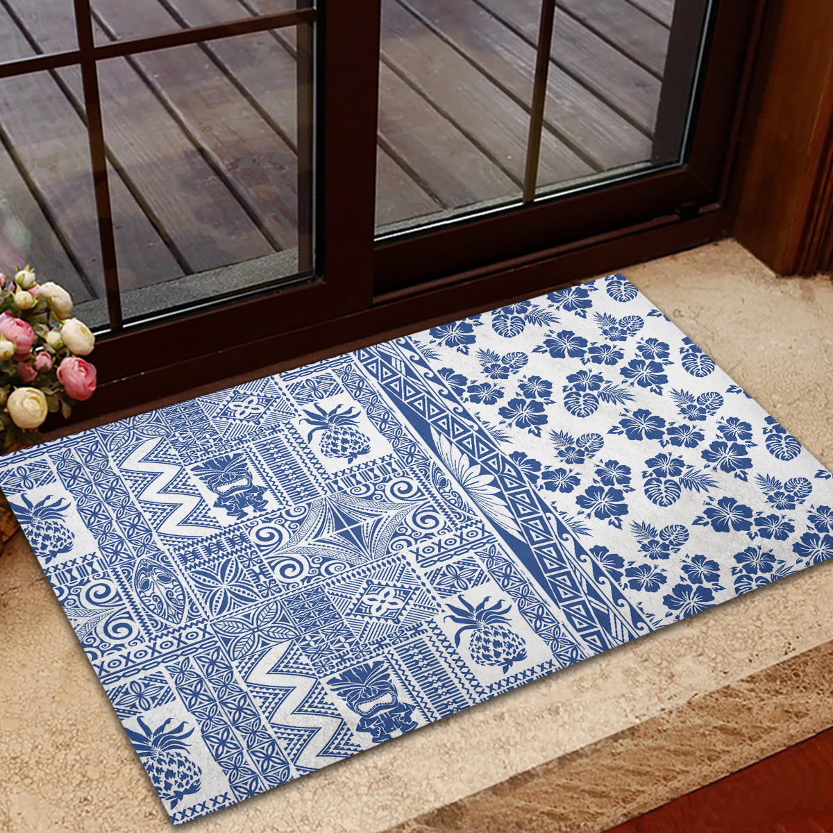 Hawaii Rubber Doormat Aloha Tropical Plants Tribal Pattern Blue Version LT03 - Polynesian Pride