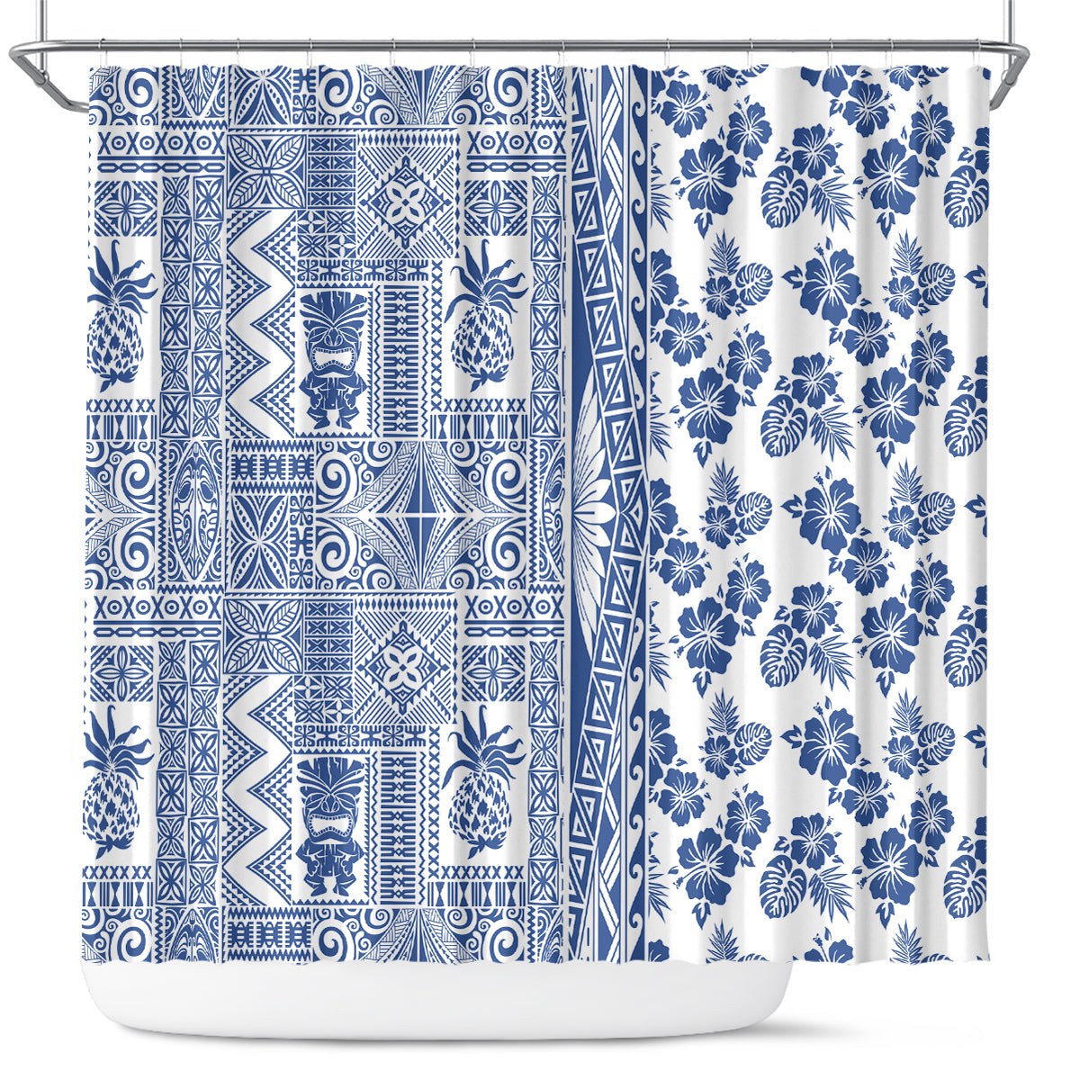 Hawaii Shower Curtain Aloha Tropical Plants Tribal Pattern Blue Version LT03 Blue - Polynesian Pride