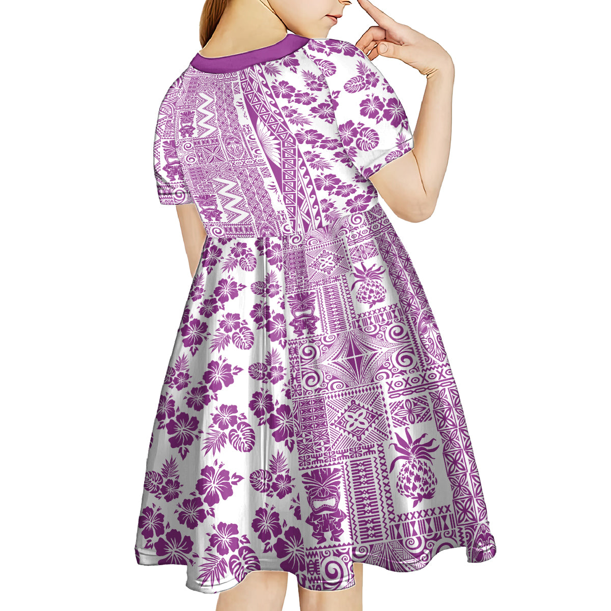 Hawaii Kid Short Sleeve Dress Aloha Tropical Plants Tribal Pattern Pink Version LT03 - Polynesian Pride
