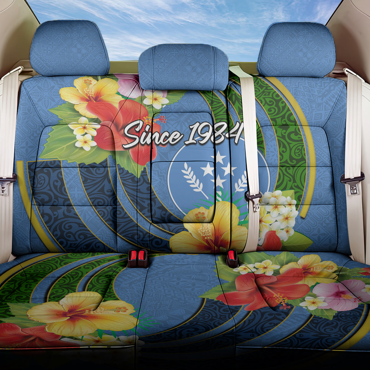 Kosrae Constitution Day Back Car Seat Cover Hibiscus Mix Maori Tattoo Pattern LT03 One Size Blue - Polynesian Pride