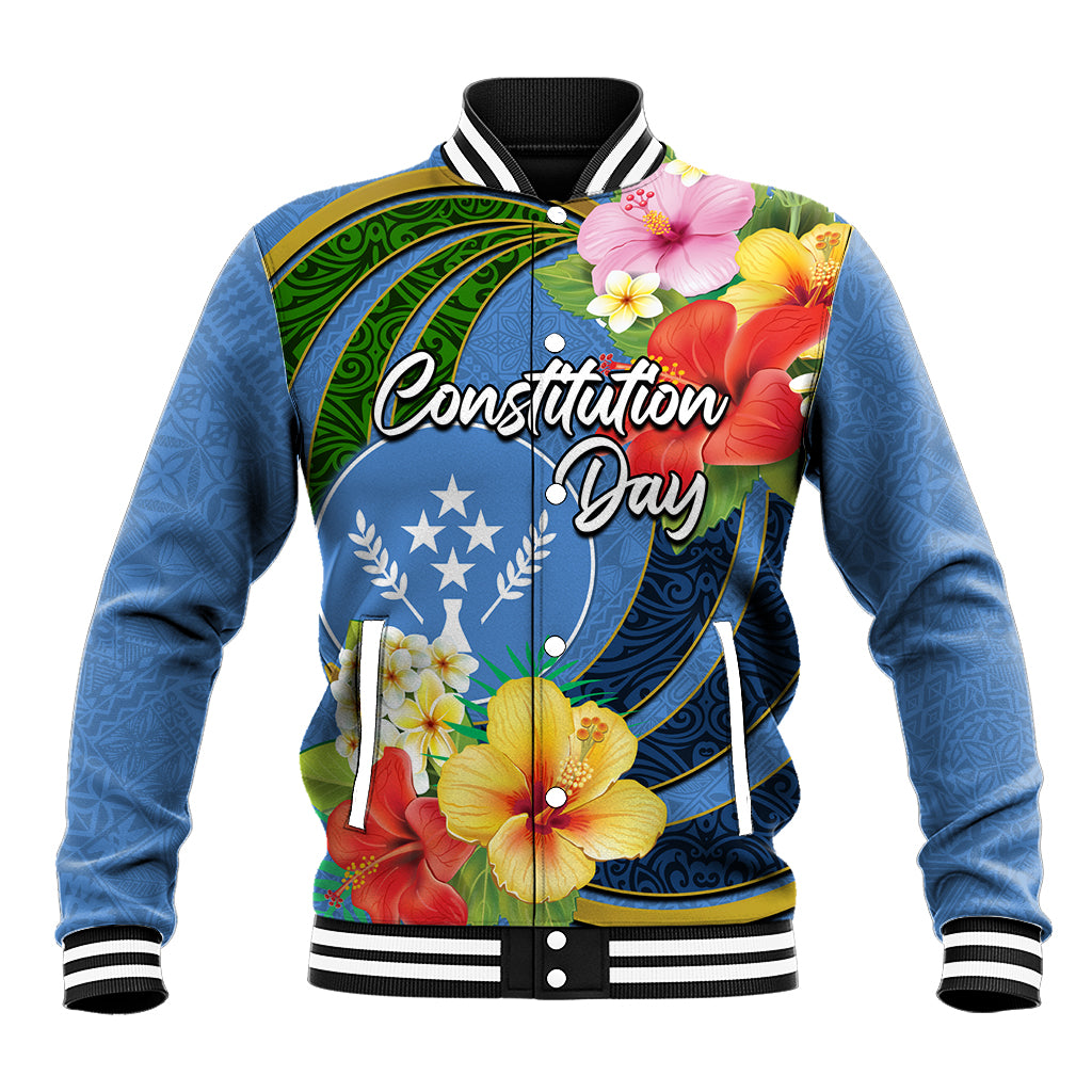 Kosrae Constitution Day Baseball Jacket Hibiscus Mix Maori Tattoo Pattern LT03 Unisex Blue - Polynesian Pride