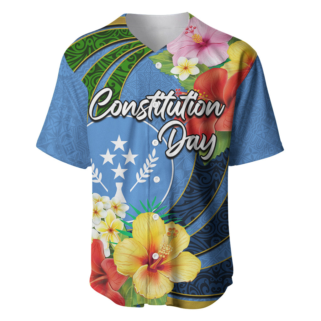 Kosrae Constitution Day Baseball Jersey Hibiscus Mix Maori Tattoo Pattern LT03 Blue - Polynesian Pride