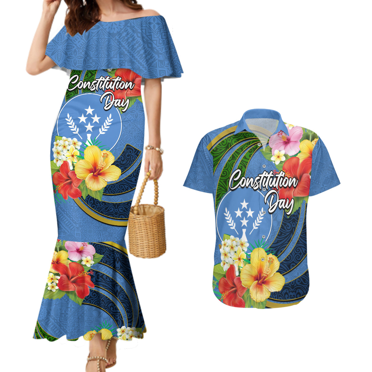 Kosrae Constitution Day Couples Matching Mermaid Dress and Hawaiian Shirt Hibiscus Mix Maori Tattoo Pattern LT03 Blue - Polynesian Pride