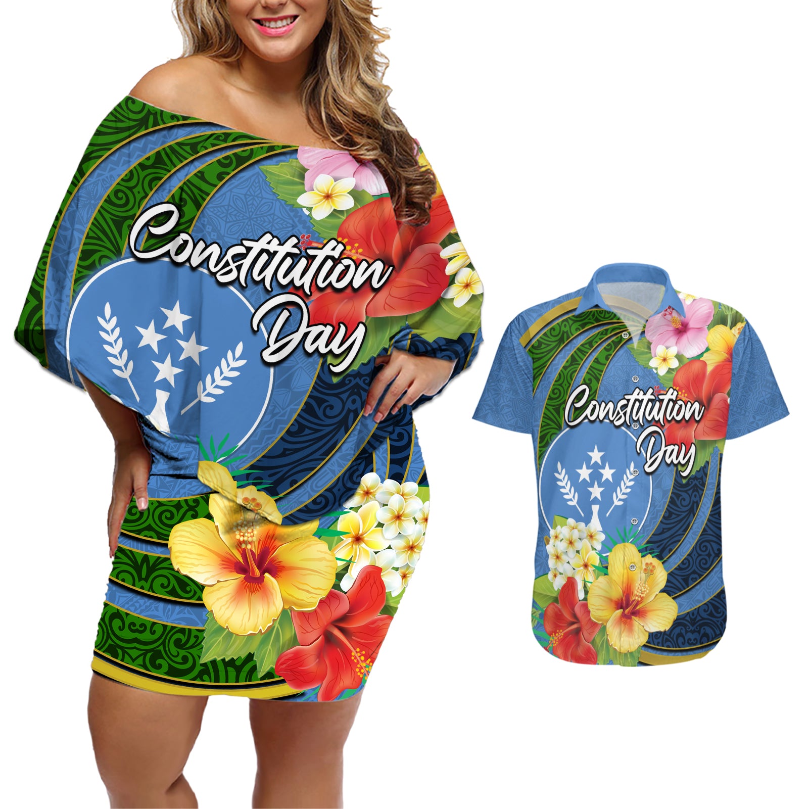 Kosrae Constitution Day Couples Matching Off Shoulder Short Dress and Hawaiian Shirt Hibiscus Mix Maori Tattoo Pattern LT03 Blue - Polynesian Pride