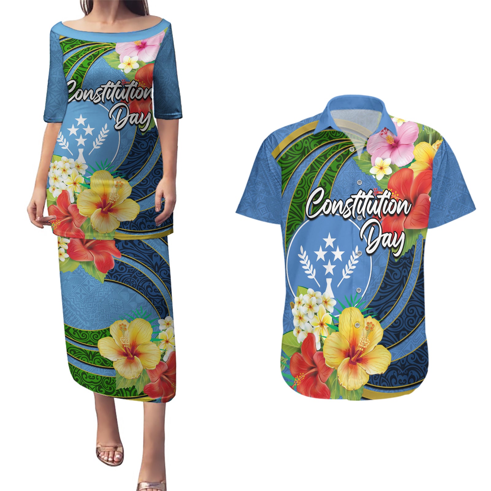 Kosrae Constitution Day Couples Matching Puletasi and Hawaiian Shirt Hibiscus Mix Maori Tattoo Pattern LT03 Blue - Polynesian Pride