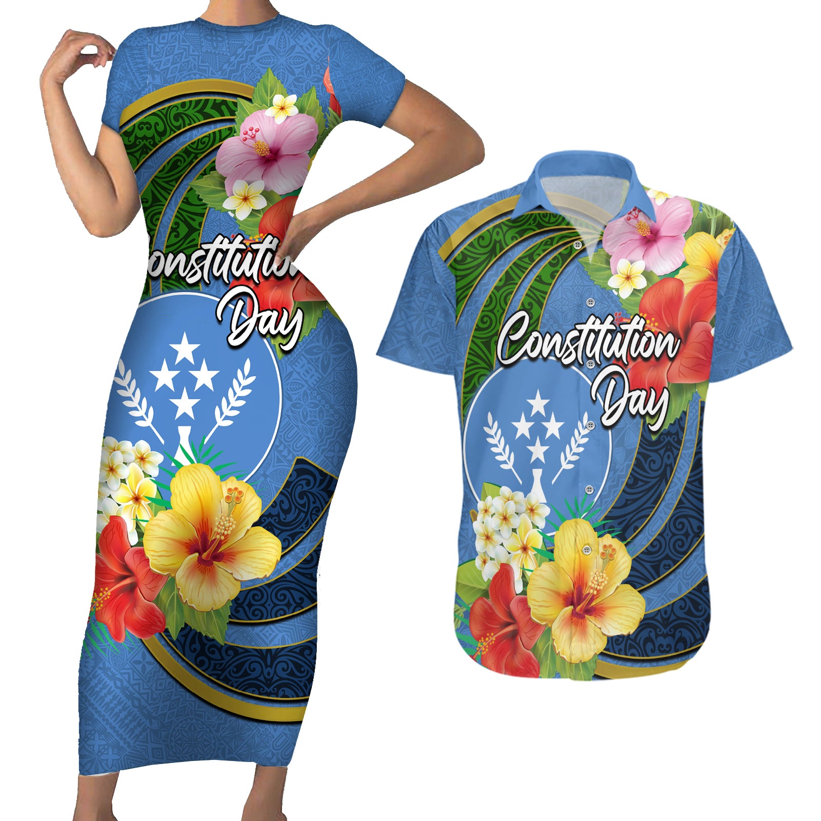 Kosrae Constitution Day Couples Matching Short Sleeve Bodycon Dress and Hawaiian Shirt Hibiscus Mix Maori Tattoo Pattern LT03 Blue - Polynesian Pride