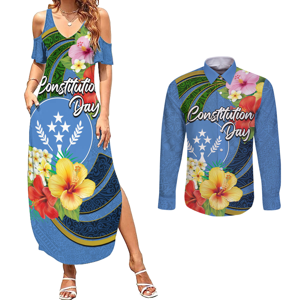 Kosrae Constitution Day Couples Matching Summer Maxi Dress and Long Sleeve Button Shirt Hibiscus Mix Maori Tattoo Pattern LT03 Blue - Polynesian Pride