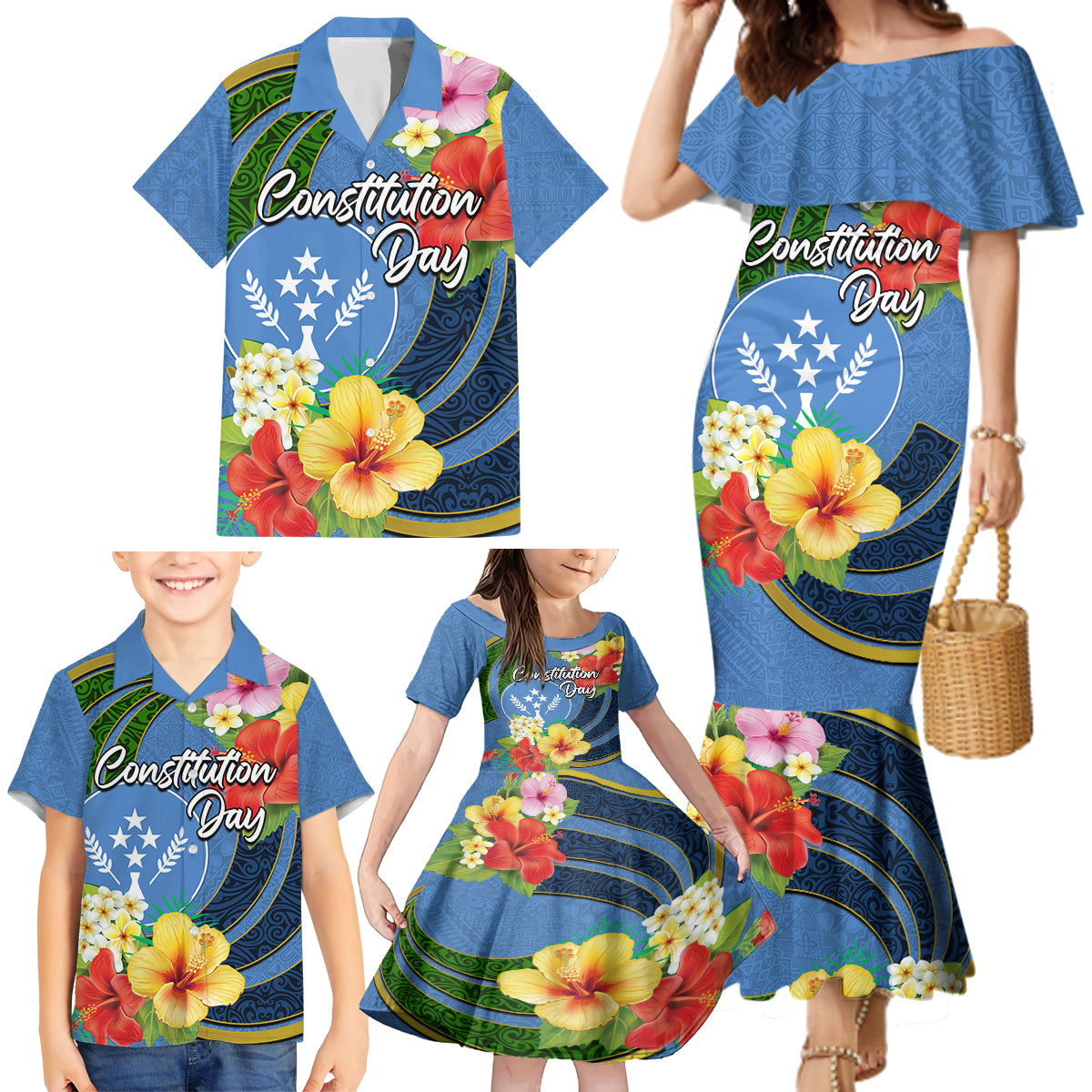 Kosrae Constitution Day Family Matching Mermaid Dress and Hawaiian Shirt Hibiscus Mix Maori Tattoo Pattern LT03 - Polynesian Pride