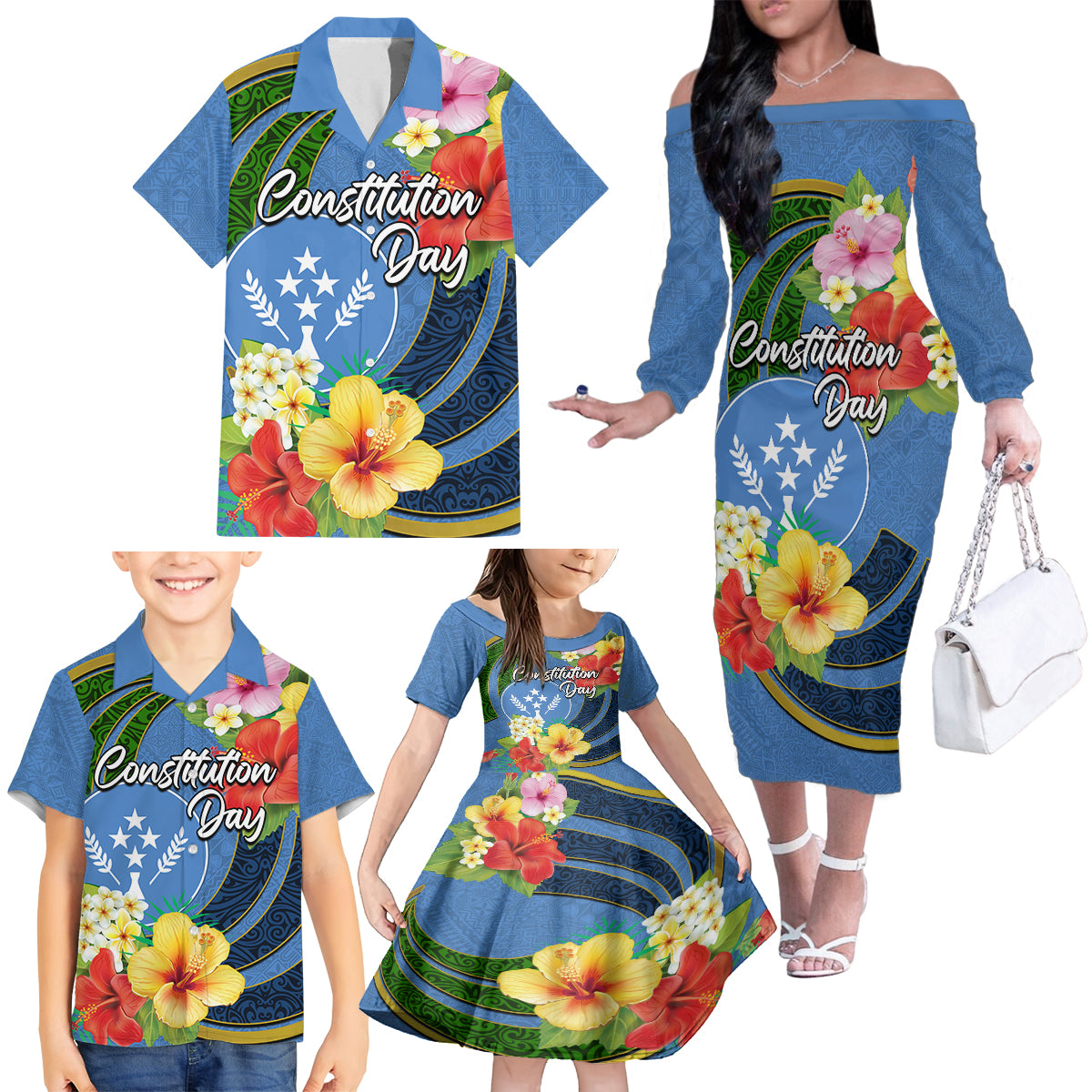 Kosrae Constitution Day Family Matching Off Shoulder Long Sleeve Dress and Hawaiian Shirt Hibiscus Mix Maori Tattoo Pattern LT03 - Polynesian Pride