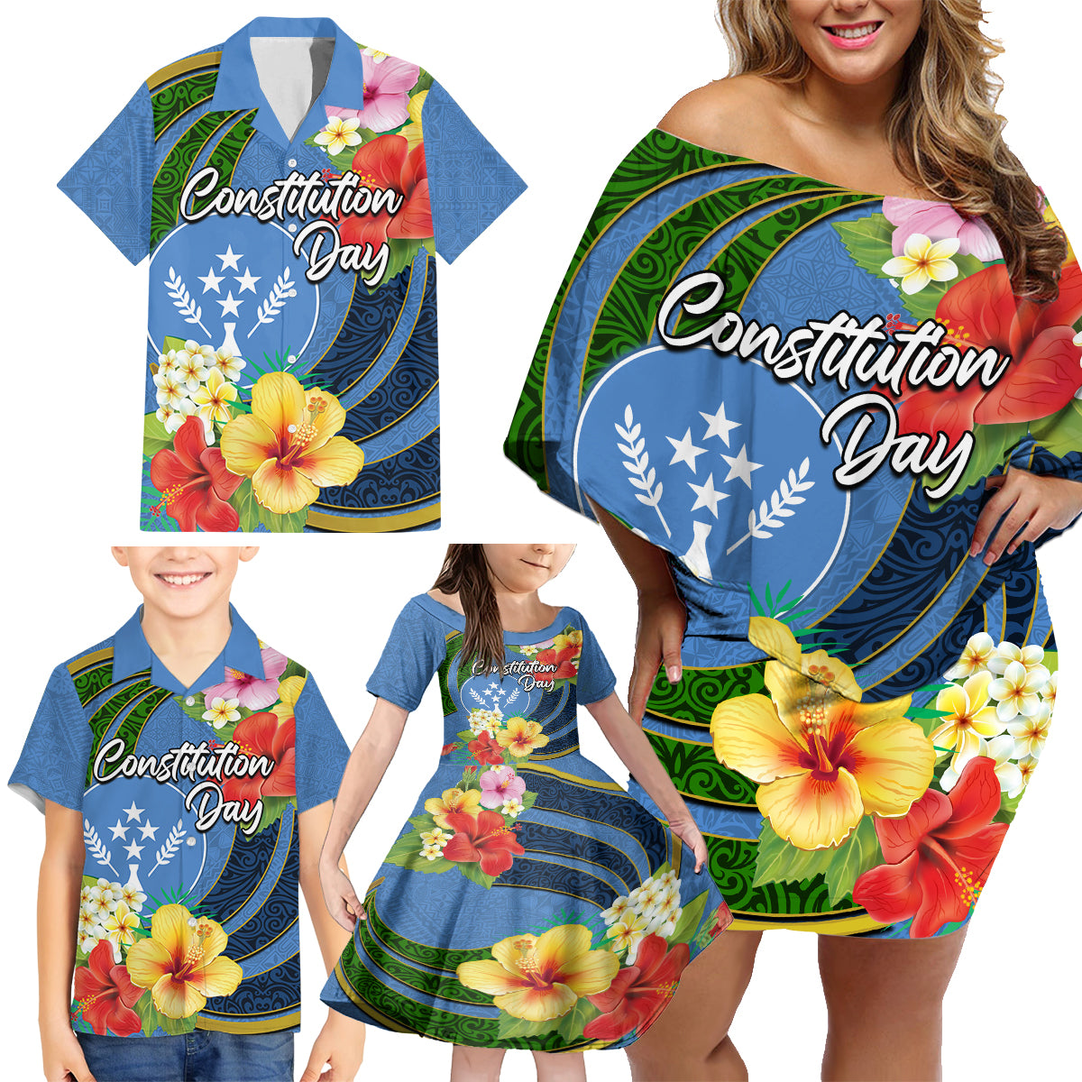 Kosrae Constitution Day Family Matching Off Shoulder Short Dress and Hawaiian Shirt Hibiscus Mix Maori Tattoo Pattern LT03 - Polynesian Pride