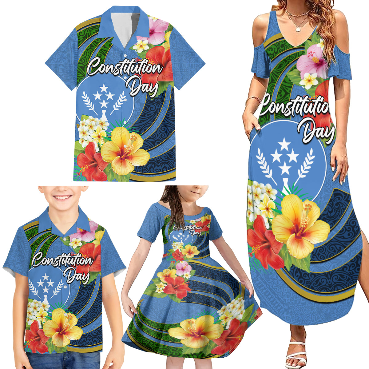 Kosrae Constitution Day Family Matching Summer Maxi Dress and Hawaiian Shirt Hibiscus Mix Maori Tattoo Pattern LT03 - Polynesian Pride