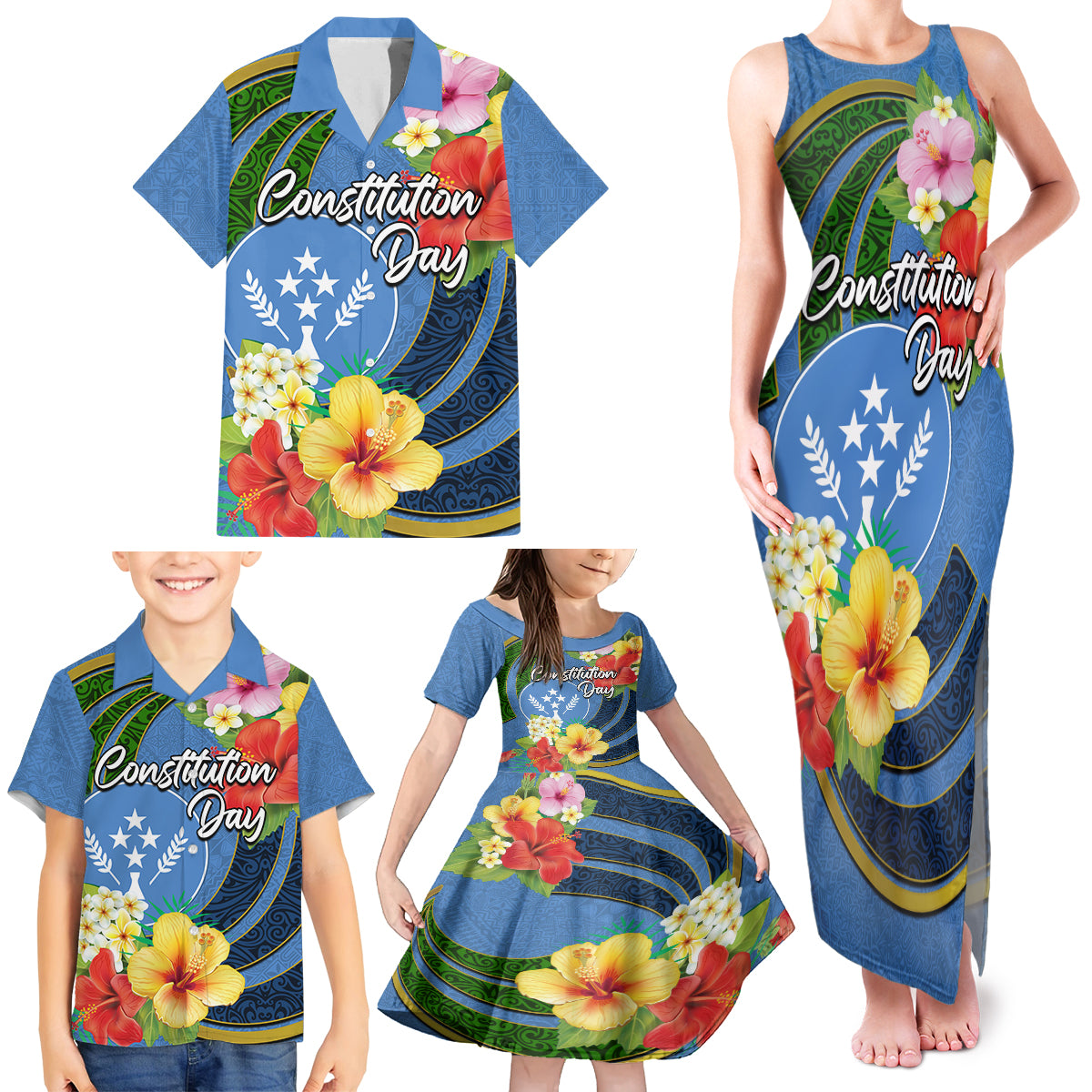 Kosrae Constitution Day Family Matching Tank Maxi Dress and Hawaiian Shirt Hibiscus Mix Maori Tattoo Pattern LT03 - Polynesian Pride