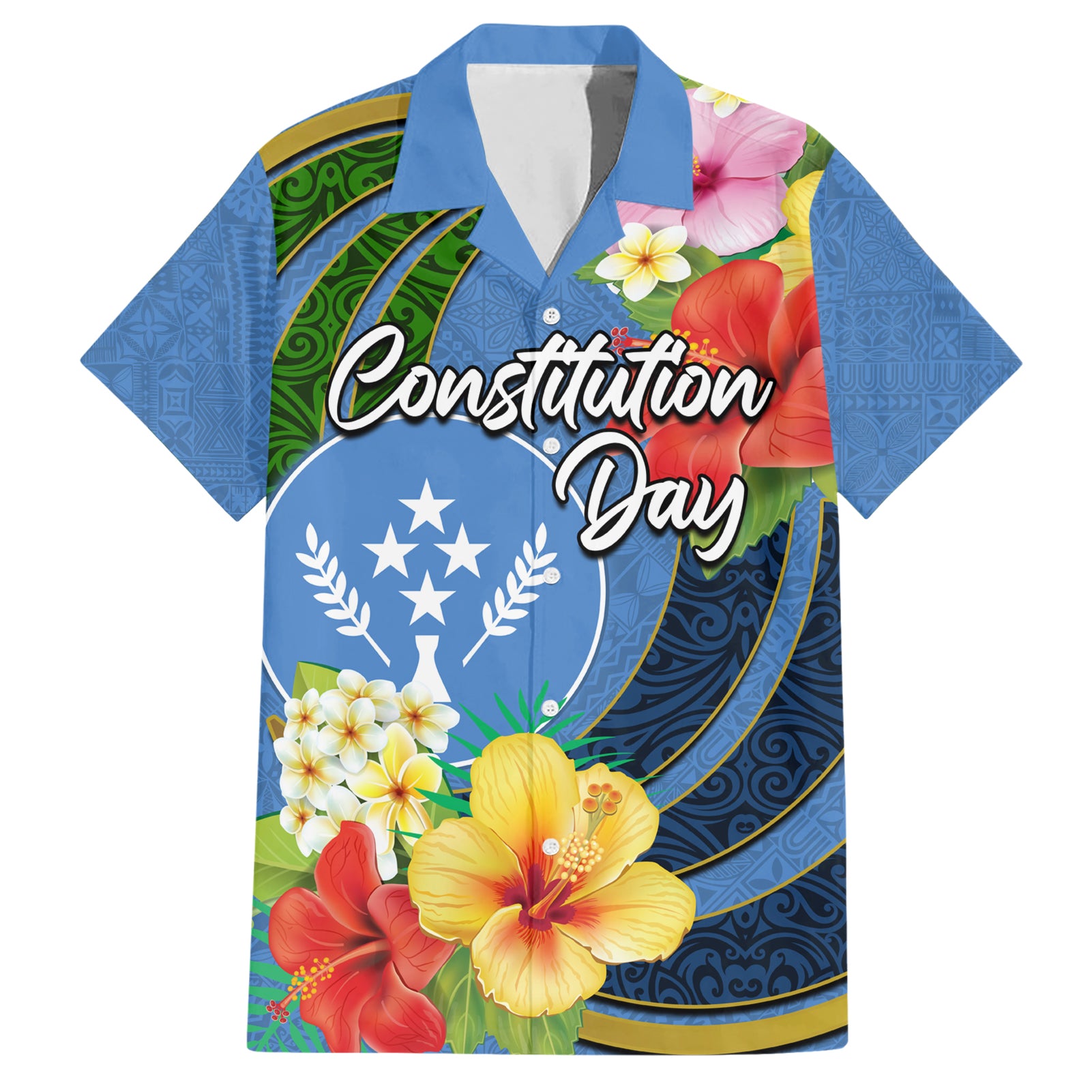 Kosrae Constitution Day Hawaiian Shirt Hibiscus Mix Maori Tattoo Pattern LT03 Blue - Polynesian Pride