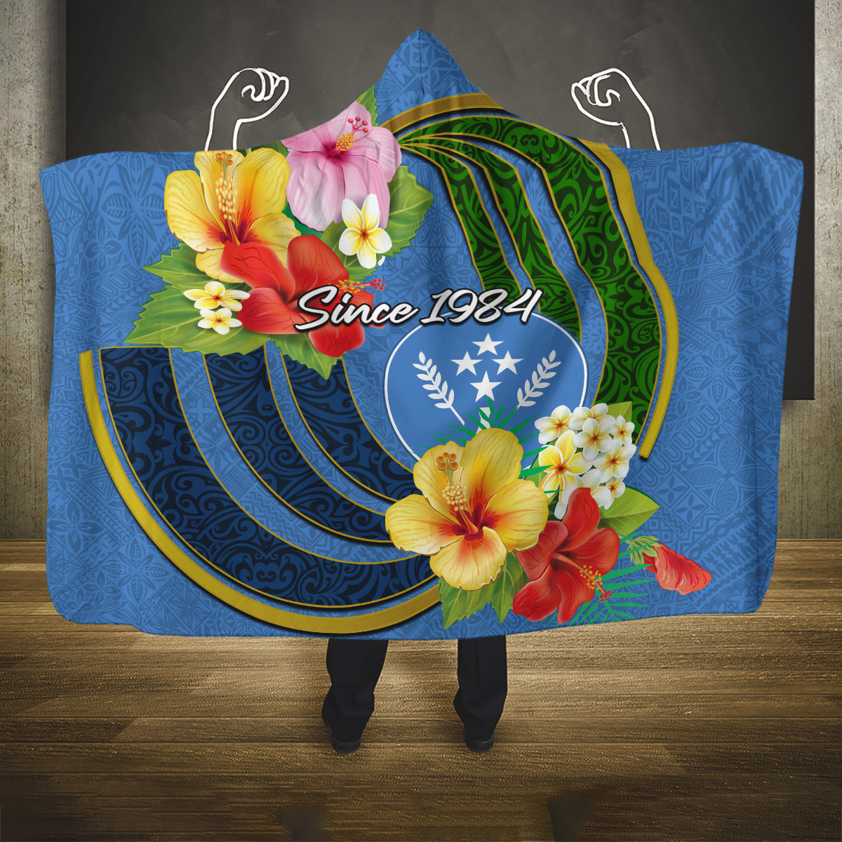 Kosrae Constitution Day Hooded Blanket Hibiscus Mix Maori Tattoo Pattern LT03 One Size Blue - Polynesian Pride