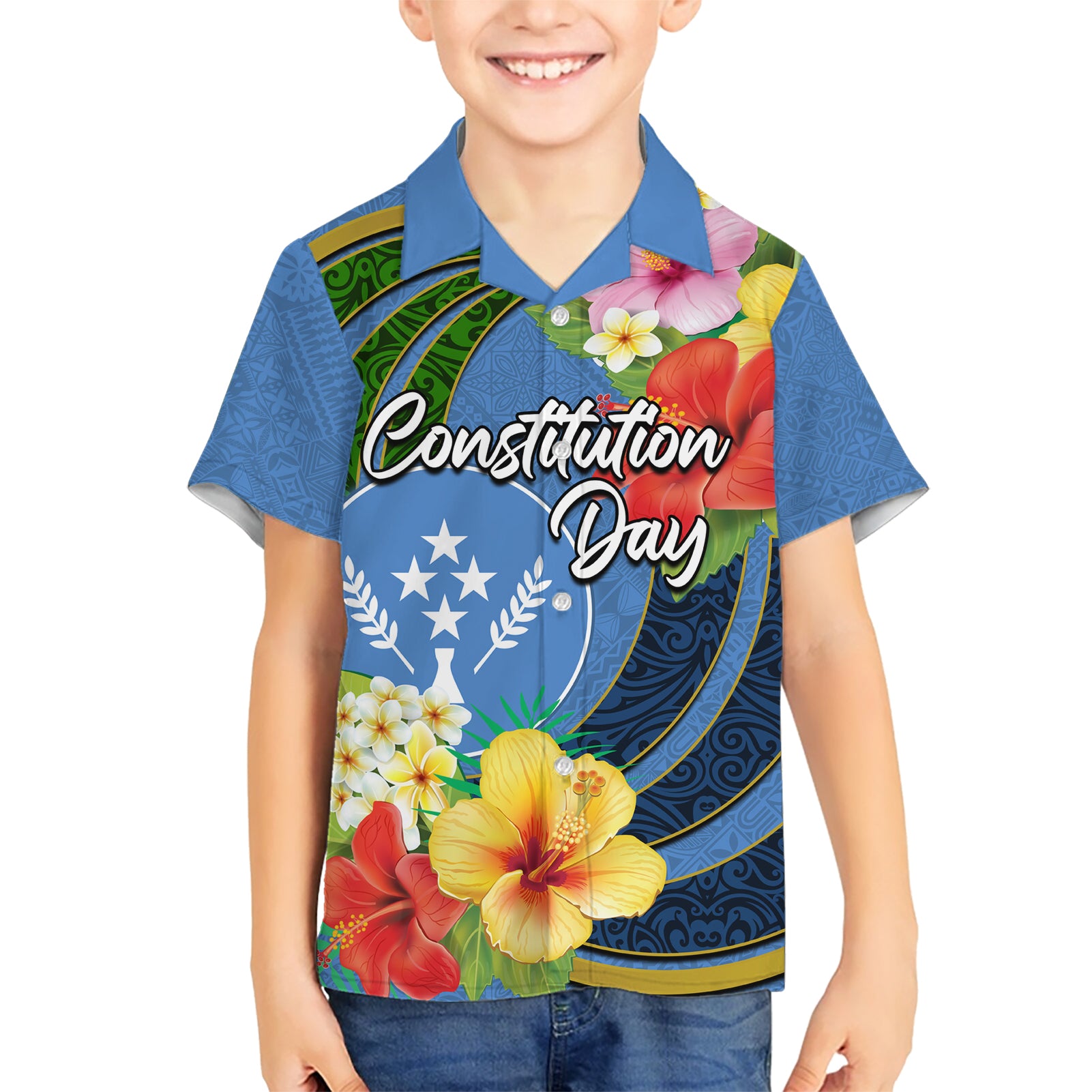 Kosrae Constitution Day Kid Hawaiian Shirt Hibiscus Mix Maori Tattoo Pattern LT03 Kid Blue - Polynesian Pride